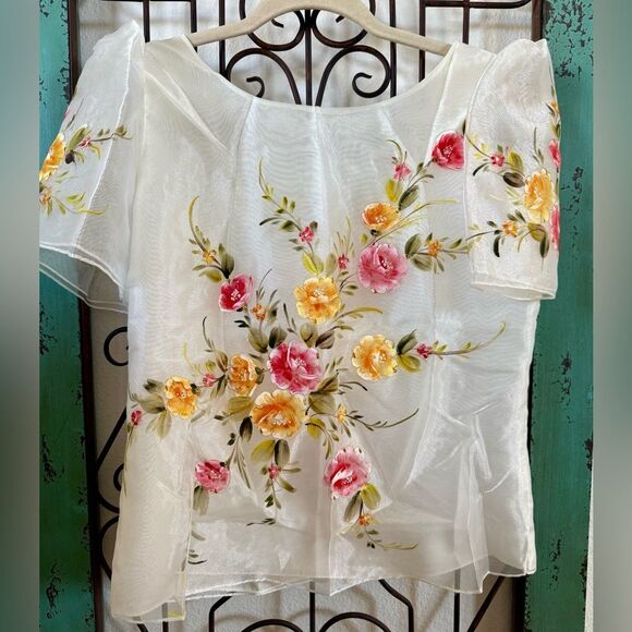 Raffaella Vintage Hand-Painted Floral Sheer Blouse size M - Picture 2 of 6